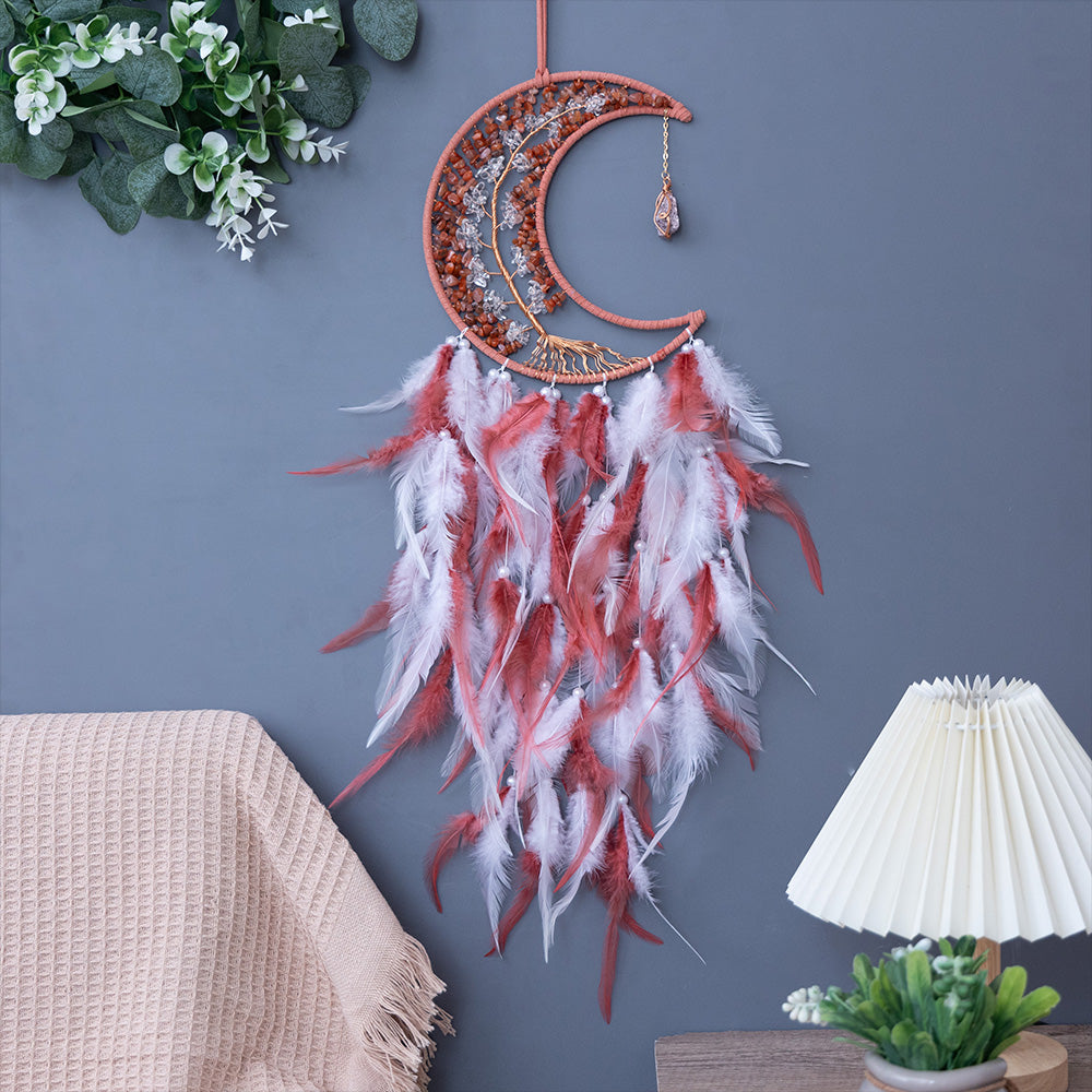 Red Crystal Gems Moon Dreamcatcher Home Decor with Tassel Feather