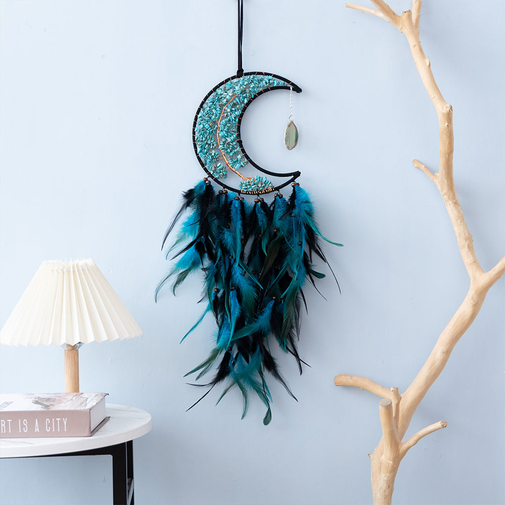 Turquoise Tree of Life Moon Dreamcatcher Feather Wall Decor Craft Gift