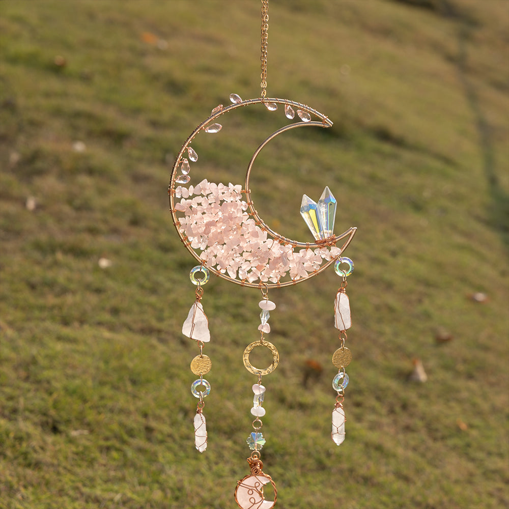Hanging Decoration Ornament Crystal Pink Quartz Moon Suncatcher