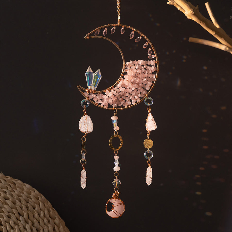 Hanging Decoration Ornament Crystal Pink Quartz Moon Suncatcher