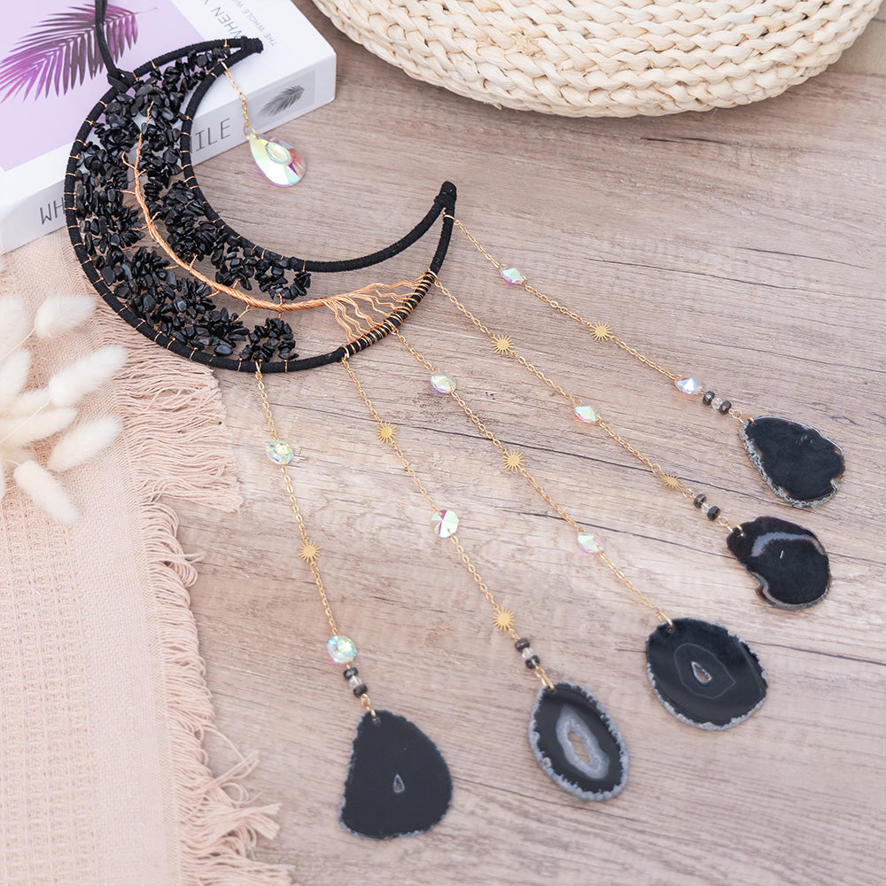 Crystal Obsidian Gem Moon Hanging Ornament Wall Decor Hanging