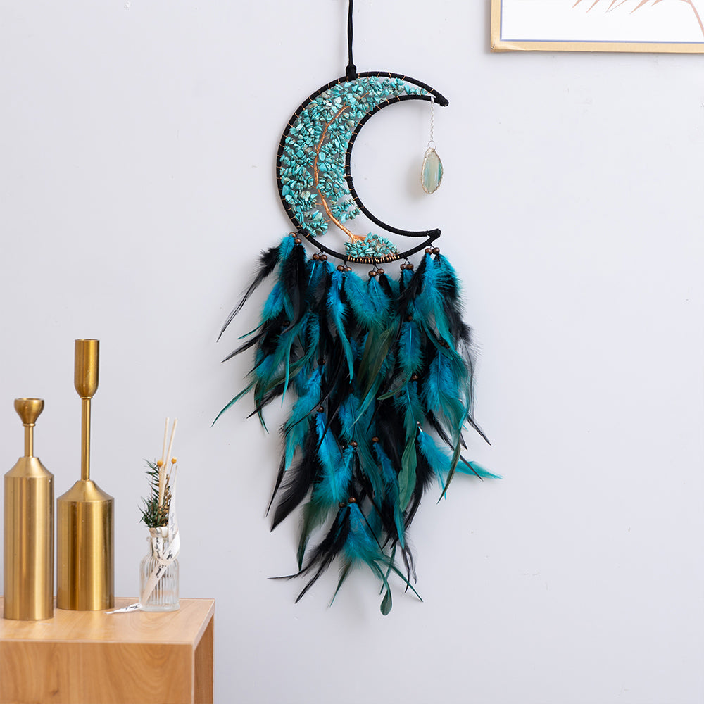 Turquoise Tree of Life Moon Dreamcatcher Feather Wall Decor Craft Gift