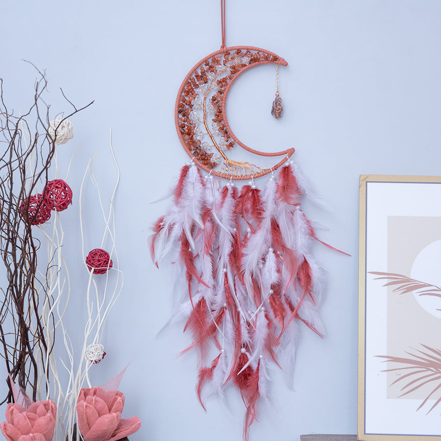 Red Crystal Gems Moon Dreamcatcher Home Decor with Tassel Feather