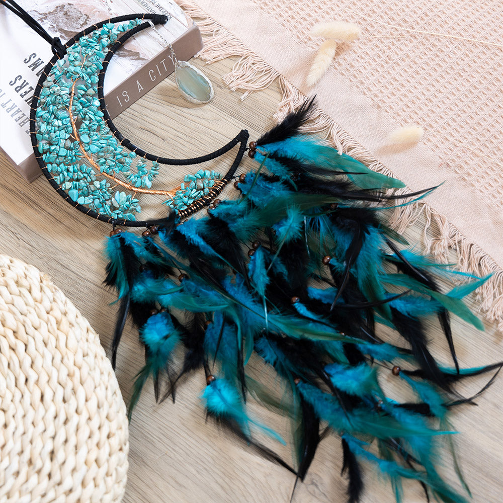 Turquoise Tree of Life Moon Dreamcatcher Feather Wall Decor Craft Gift