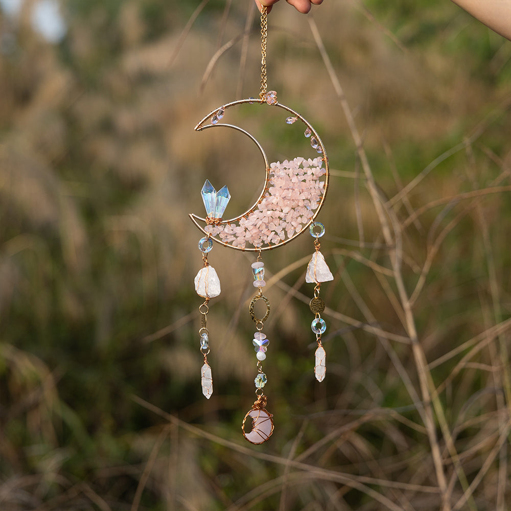 Hanging Decoration Ornament Crystal Pink Quartz Moon Suncatcher
