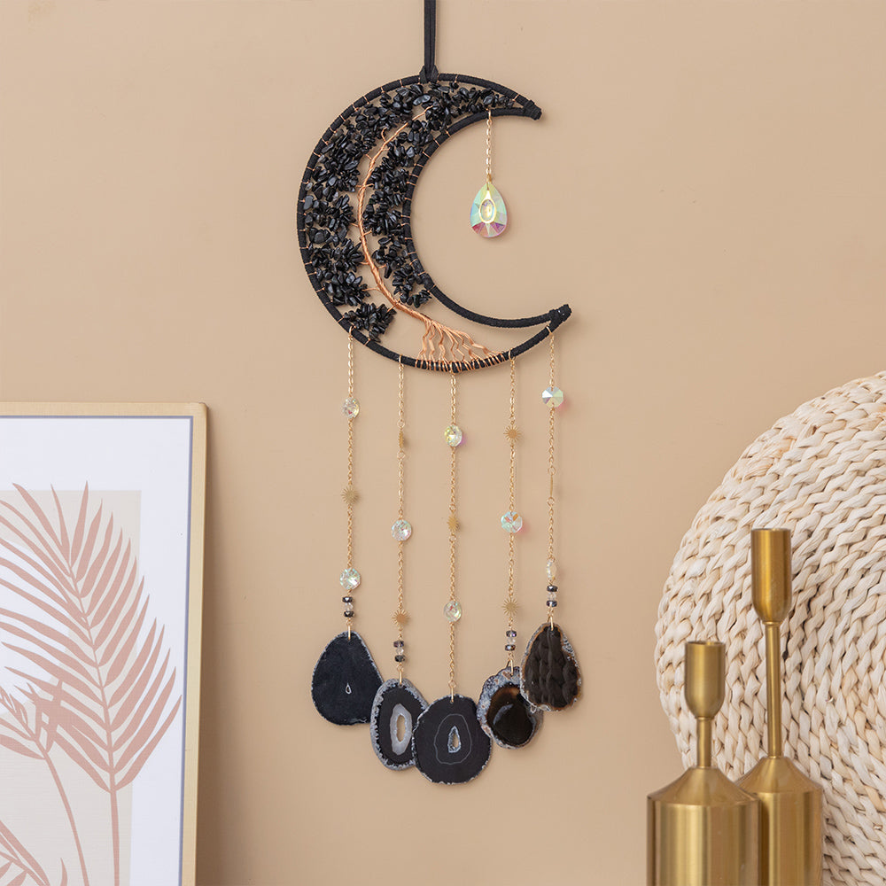 Crystal Obsidian Gem Moon Hanging Ornament Wall Decor Hanging
