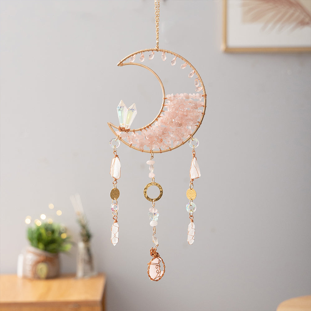 Hanging Decoration Ornament Crystal Pink Quartz Moon Suncatcher