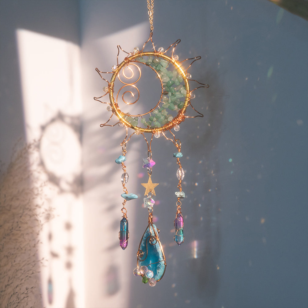 Handmade Crystal Gems Smiling Sun Hanging Ornament Decor