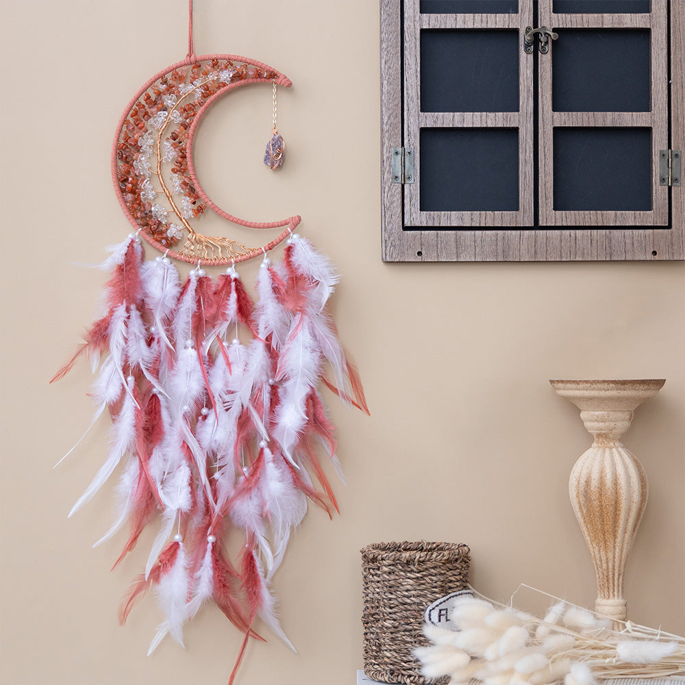 Red Crystal Gems Moon Dreamcatcher Home Decor with Tassel Feather