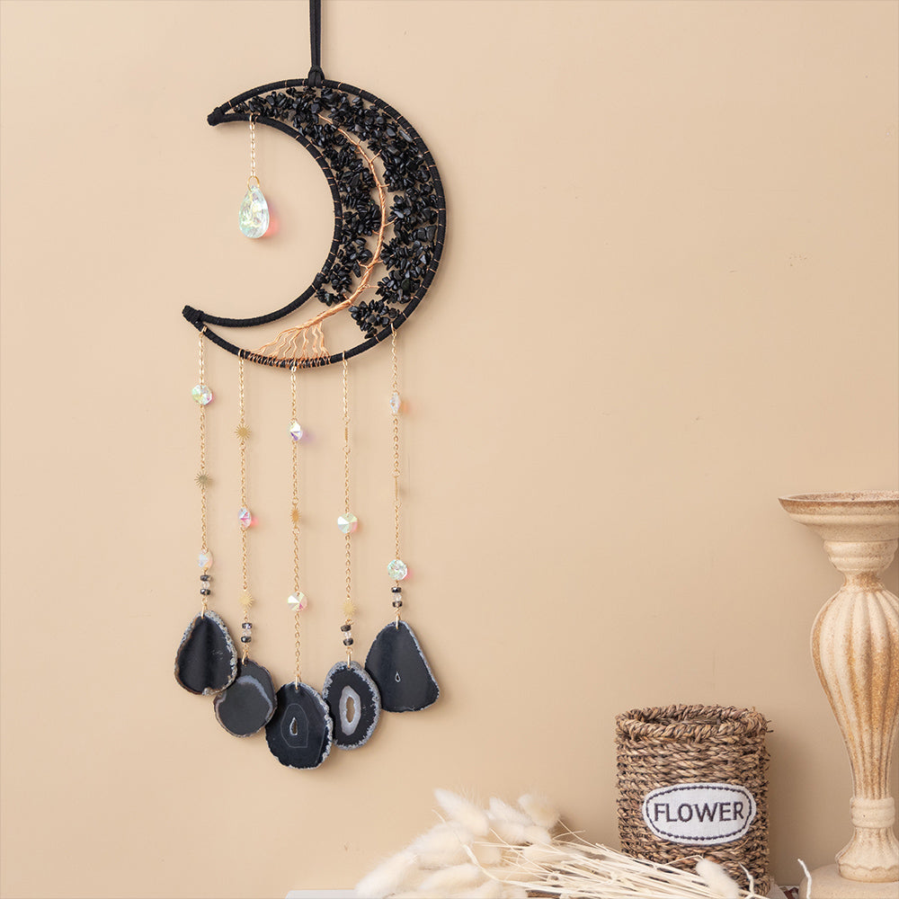 Crystal Obsidian Gem Moon Hanging Ornament Wall Decor Hanging