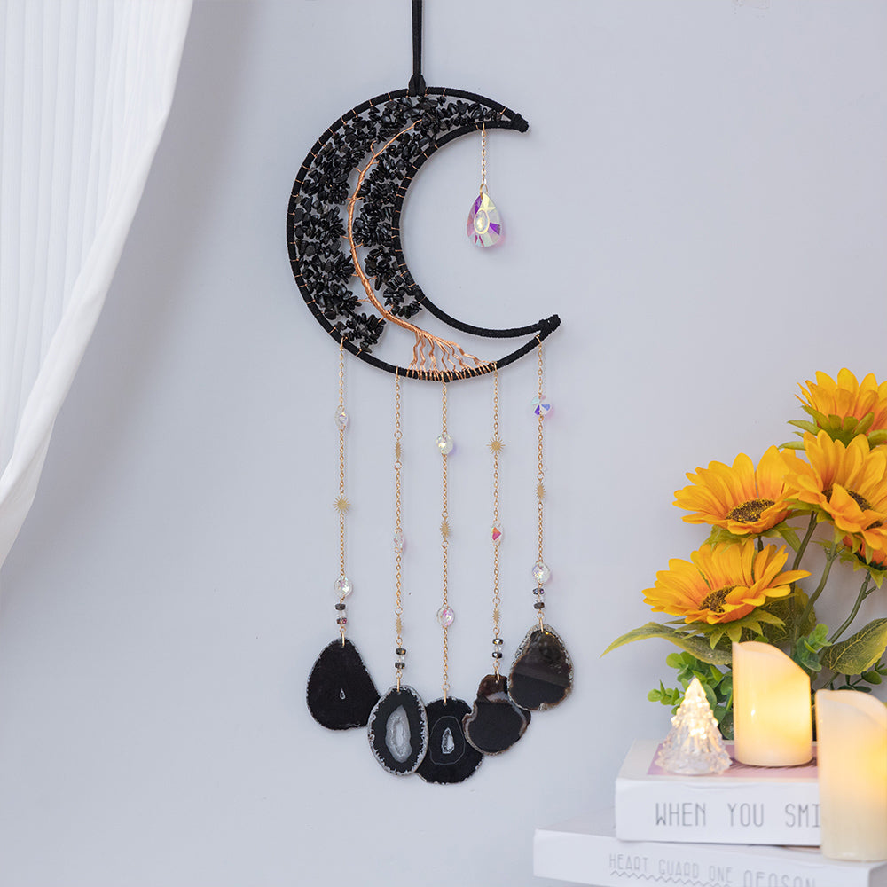 Crystal Obsidian Gem Moon Hanging Ornament Wall Decor Hanging