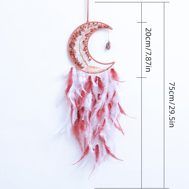 Red Crystal Gems Moon Dreamcatcher Home Decor with Tassel Feather