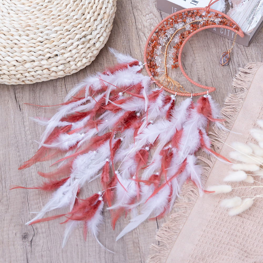 Red Crystal Gems Moon Dreamcatcher Home Decor with Tassel Feather