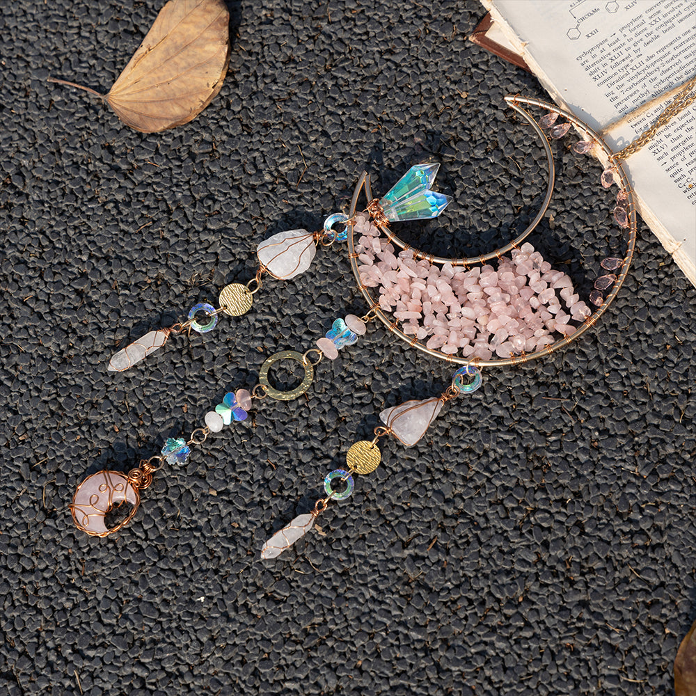 Hanging Decoration Ornament Crystal Pink Quartz Moon Suncatcher