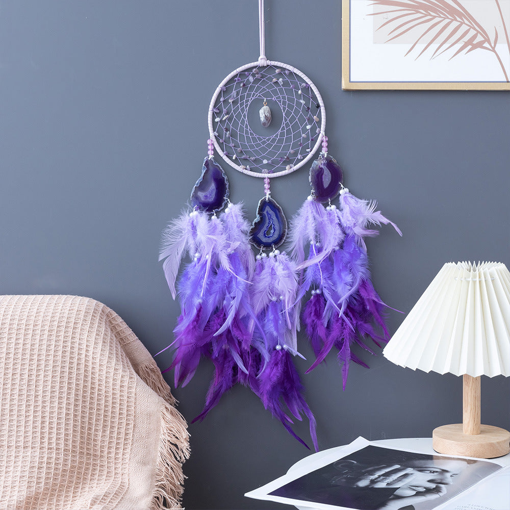 Purple Agate Slices and Crystal Gems Dreamcatcher Feather Wall Decor