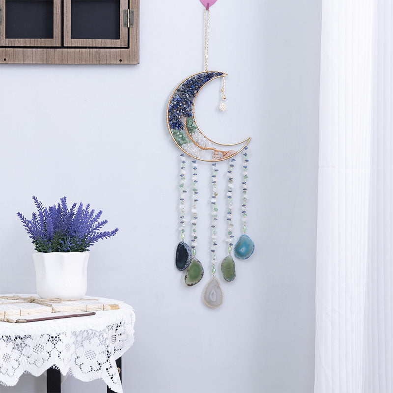 Crystal Stones Gems Blue Moon Hanging Ornament with Agate Slices