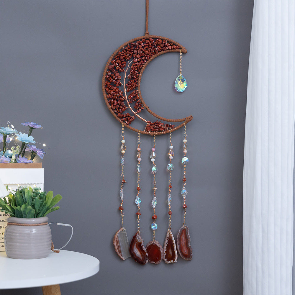 Natural Agate Life Tree Ornament Suncatcher With Crystal and Beads