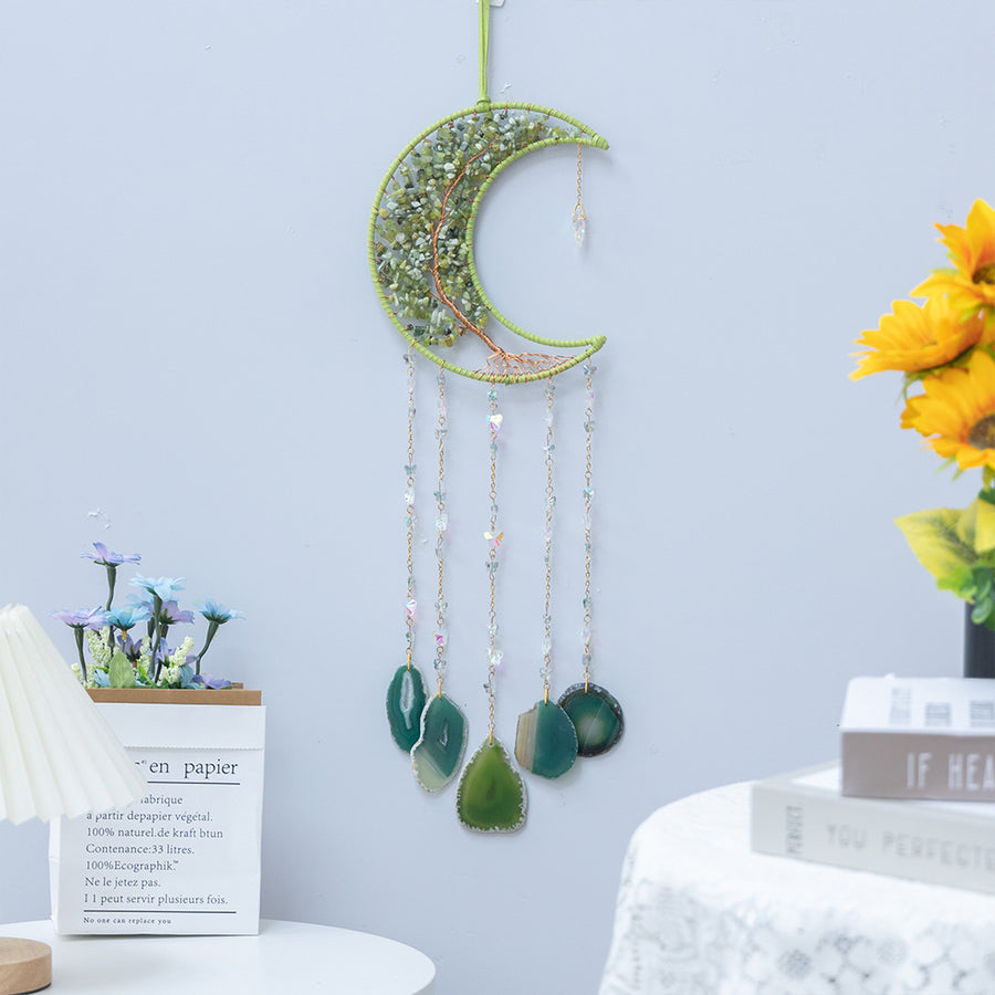 Crystal Gemstone and Agate Slices Moon Ornament Wall Decor Hanging