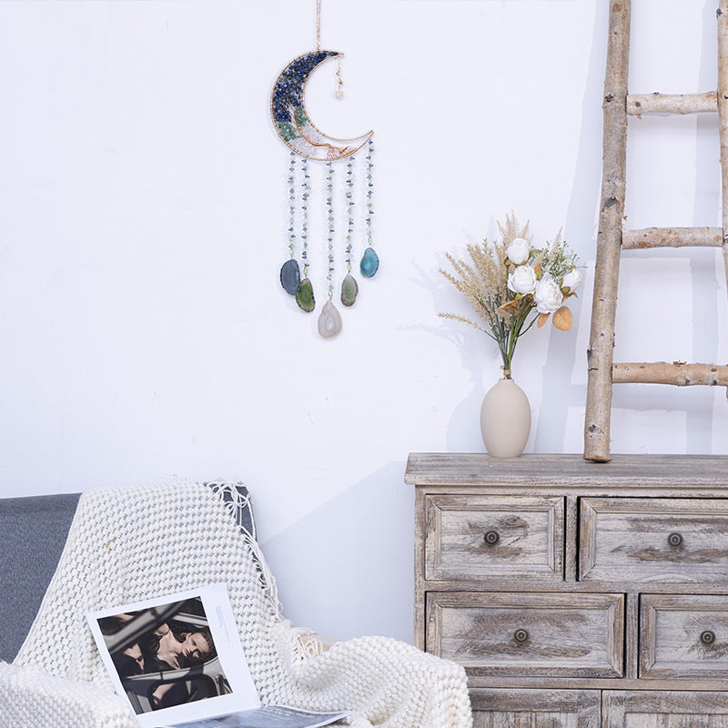 Crystal Stones Gems Blue Moon Hanging Ornament with Agate Slices