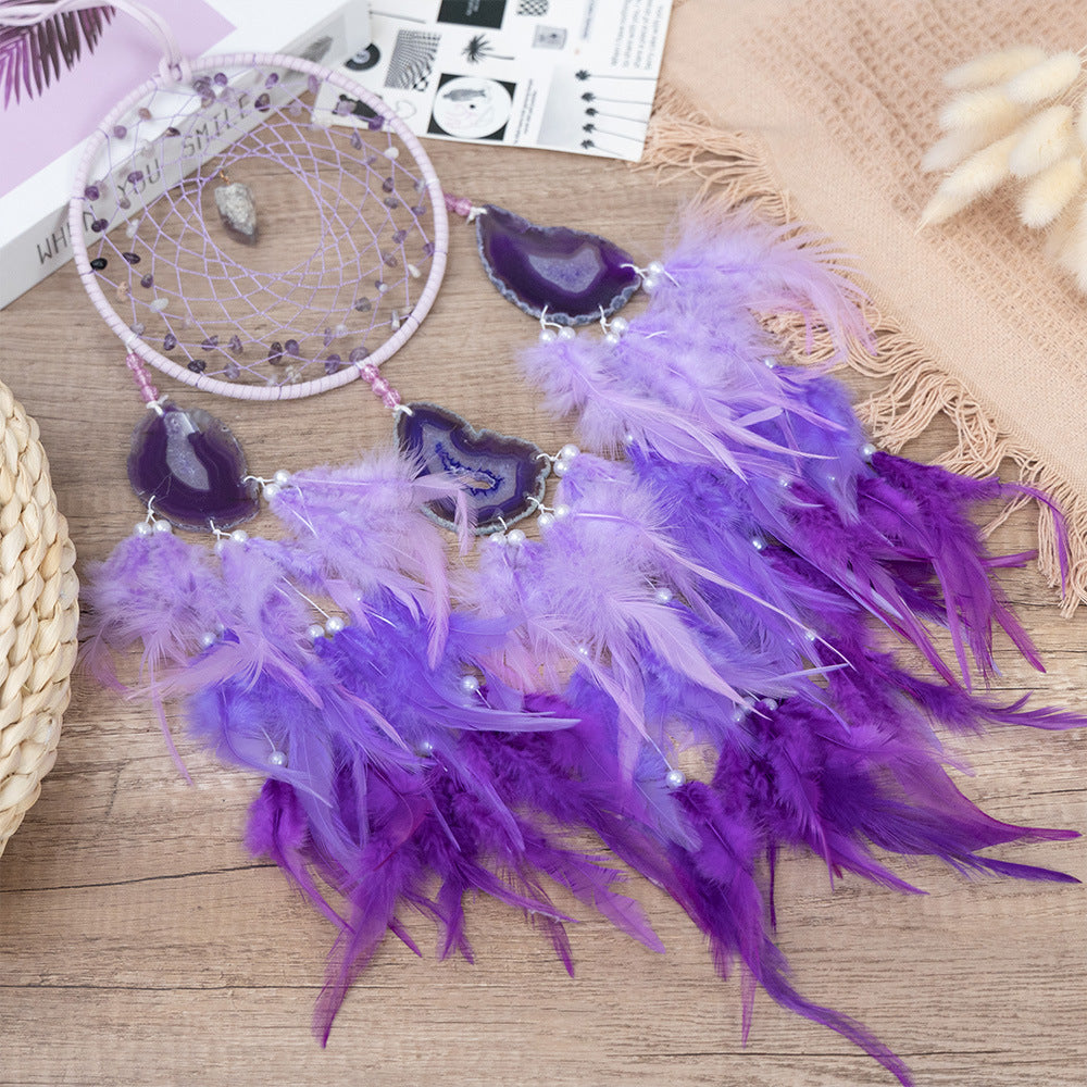 Purple Agate Slices and Crystal Gems Dreamcatcher Feather Wall Decor