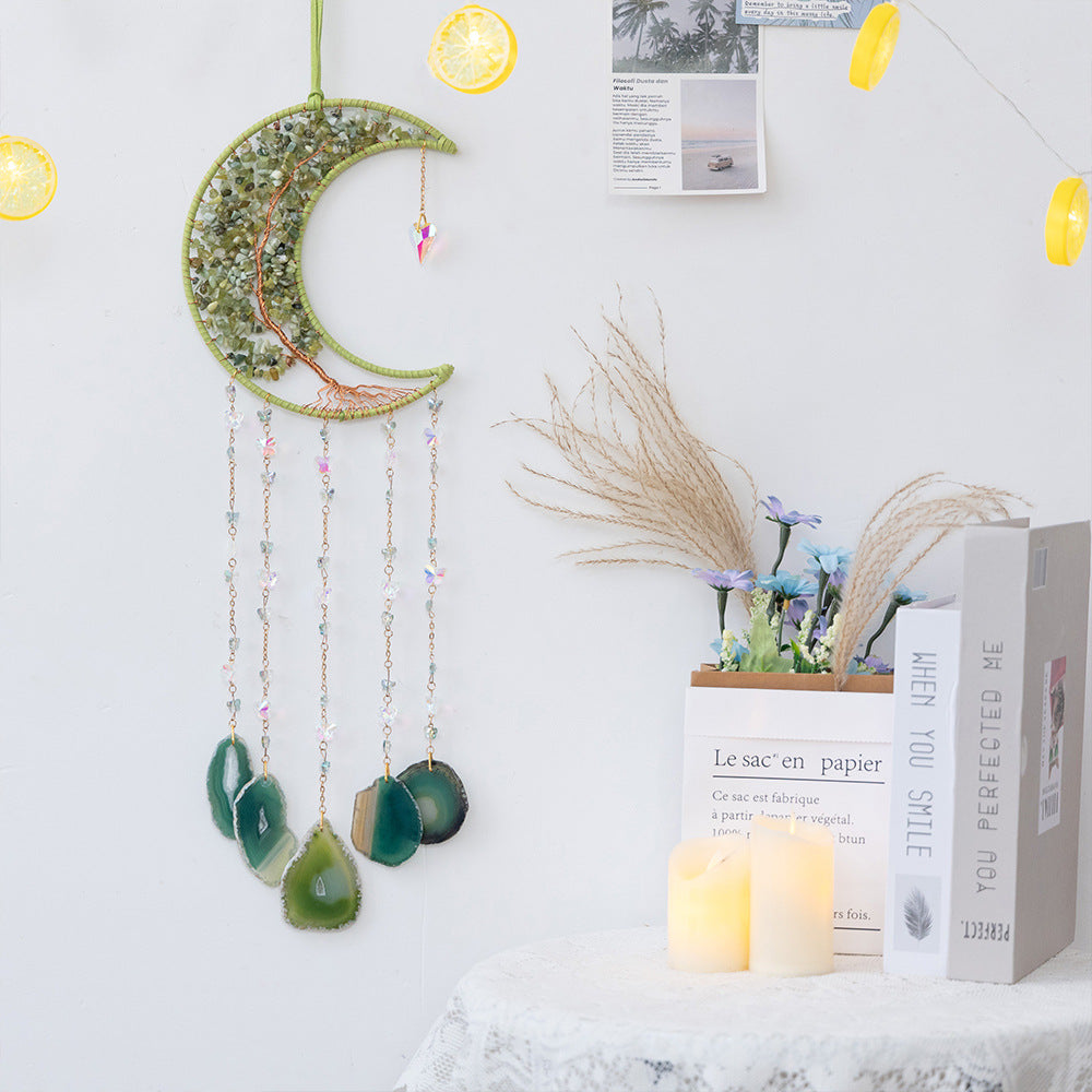 Crystal Gemstone and Agate Slices Moon Ornament Wall Decor Hanging