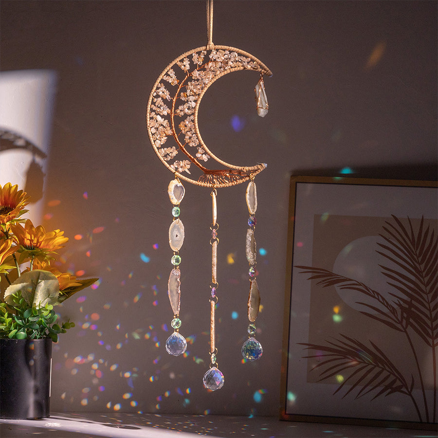 Crystal Gems and Agate Hanging Ornament Gemstone Moon Suncatcher