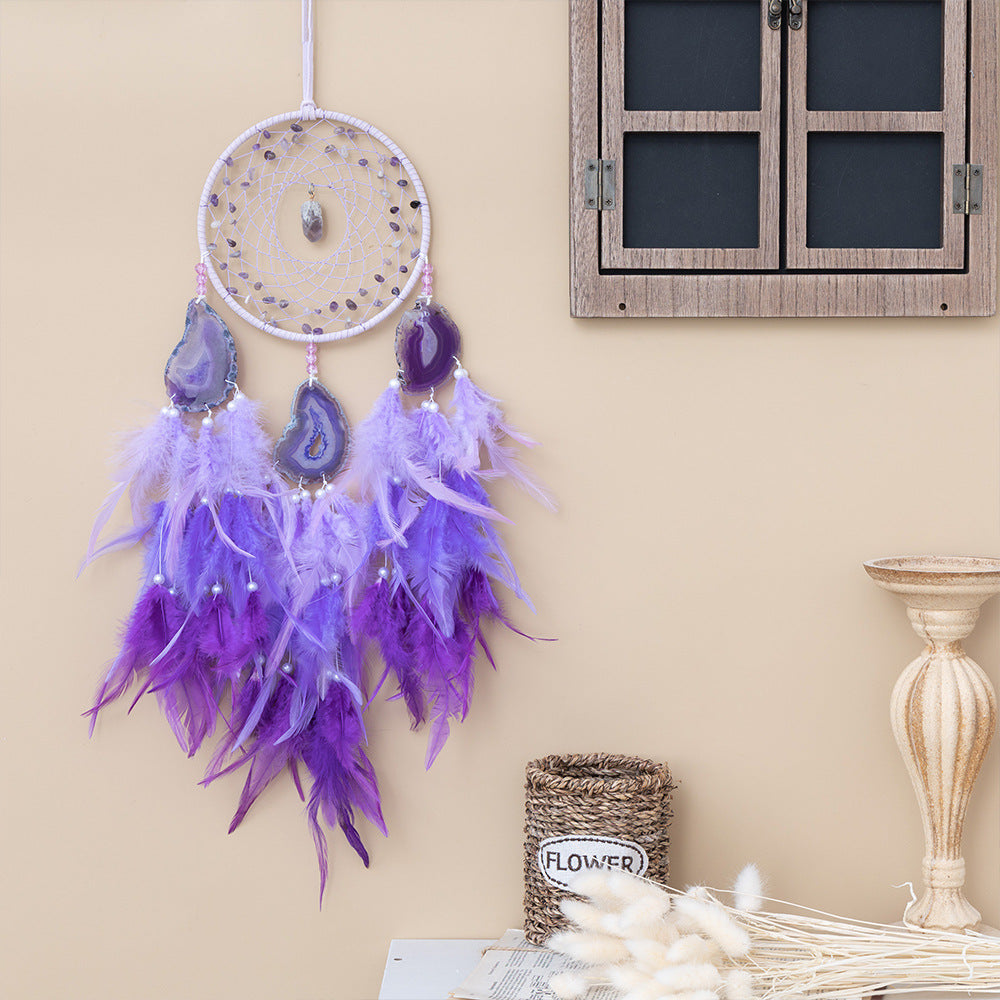 Purple Agate Slices and Crystal Gems Dreamcatcher Feather Wall Decor
