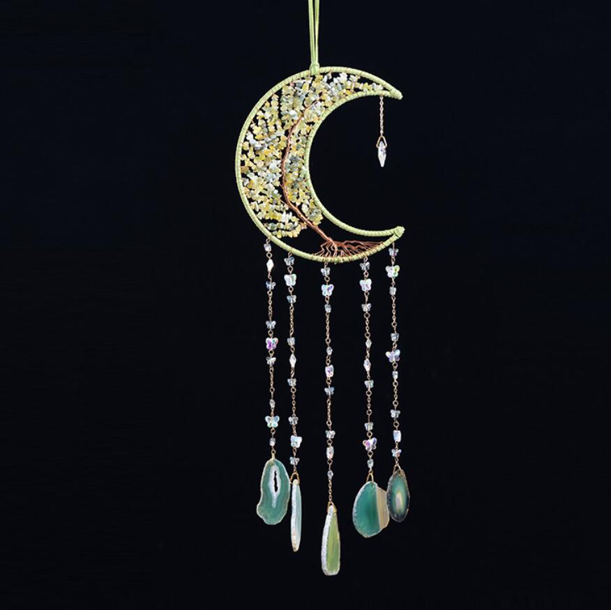 Crystal Gemstone and Agate Slices Moon Ornament Wall Decor Hanging