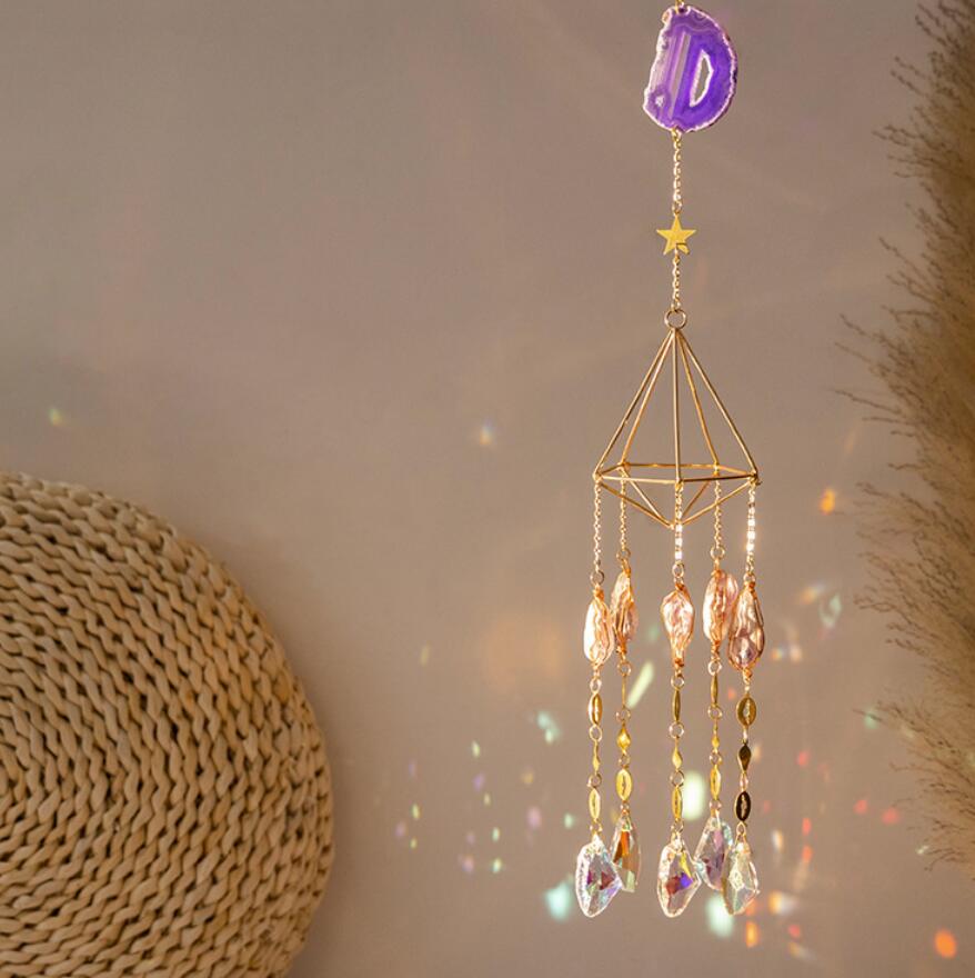 Purple Agate Slice Suncatcher Hanging Prism Crystal Wind Chimes